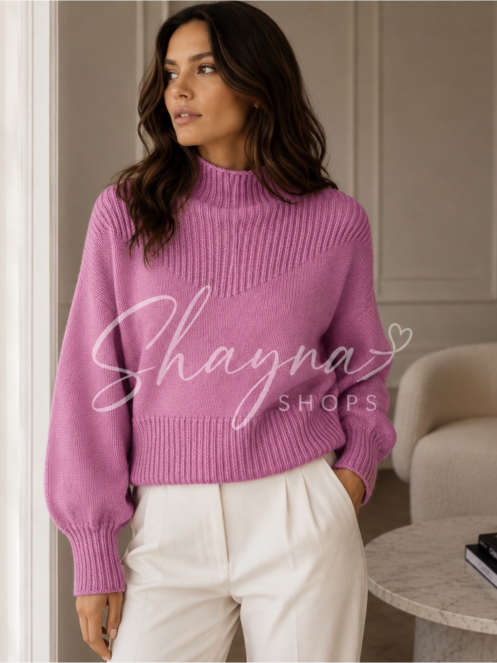 Zenana Bright Mauve Rib-Knit Mock Neck Sweater